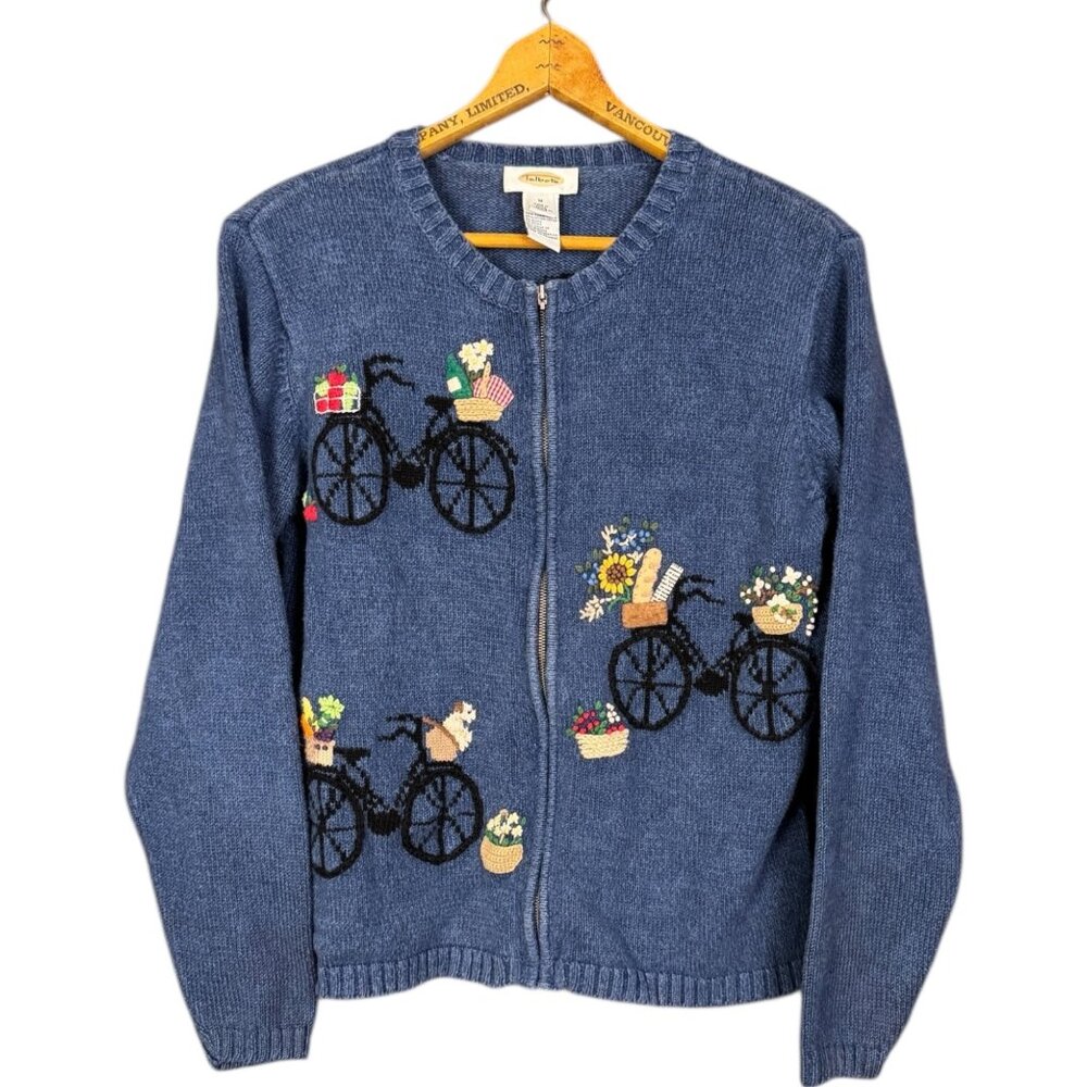Vintage Blue Zip-Front Sweater Cardigan with Bicycle & Floral Embroidery